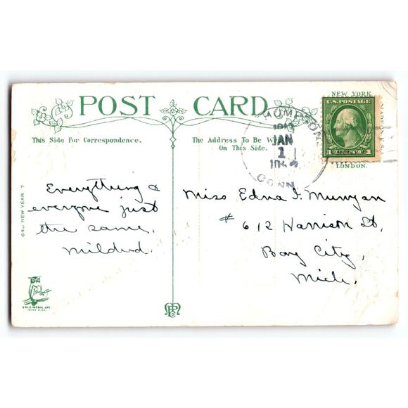 Vintage 1907-1915 New Year Postcard Winter Cottage Lithograph Divided Back - Picture 2 of 2